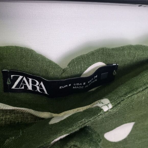 Zara Green Polka Dot Linen Blend Pants Size Small - Picture 6 of 8